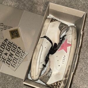 Golden Goose Women's White Sneakers with Pink Star and Leopard Detail